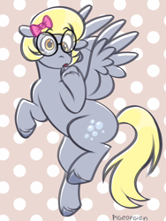 Size: 768x1024 | Tagged: safe, artist:pigeorgien, derpy hooves, pegasus, pony, g4, bow, bubble, cute, derpabetes, female, flying, glasses, hair bow, little miss whoops, mare, polka dot background, round glasses, short hair, solo, the mr. men show, unshorn fetlocks