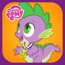 Size: 1024x1024 | Tagged: safe, ruckus media group, spike, dragon, equestria games, g4, my little pony: equestria games, official, app icon, fangs, looking up, male, medal, my little pony logo, open mouth, open smile, smiling, solo, tail