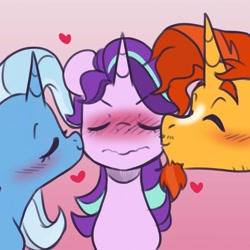 Size: 1134x1134 | Tagged: safe, artist:chub-wub, editor:mylittlestims, starlight glimmer, sunburst, trixie, pony, unicorn, g4, bisexual, bisexual female, bisexual sandwich, blushing, cheek kiss, eyes closed, female, floating heart, gradient background, heart, horn, kiss sandwich, kissing, lesbian, male, mare, palindrome get, polyamory, ship:starburst, ship:startrix, ship:startrixburst, shipping, stallion, straight, trio