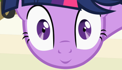 Size: 1210x690 | Tagged: safe, edit, edited screencap, editor:twilyisbestpone, screencap, twilight sparkle, pony, unicorn, g4, lesson zero, season 2, ceiling pony, creepy, female, horn, inverted mouth, looking at you, mare, shrunken pupils, smiling, smiling at you, solo, twilight snapple, unicorn twilight