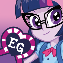 Size: 1024x1024 | Tagged: safe, twilight sparkle, alicorn, human, equestria girls, equestria girls (app), g4, official, app, app icon, backpack, close-up, clothes, female, glasses, gradient background, i can't believe it's not sci-twi, icon, logo, looking at you, loose hair, solo, twilight sparkle (alicorn), twilight's professional glasses