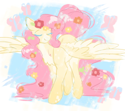 Size: 2000x1779 | Tagged: safe, artist:jezebel_remedy, fluttershy, butterfly, pegasus, pony, g4, blaze (coat marking), blue background, chest fluff, coat markings, colored eyelashes, colored wings, eyes closed, facial markings, female, flower, flower in hair, long mane, long tail, mare, pale belly, simple background, smiling, solo, spread wings, standing, tail, two toned wings, white background, wings