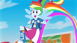 Size: 3840x2160 | Tagged: safe, artist:octosquish7260, edit, edited screencap, screencap, rainbow dash, human, equestria girls, g4, run to break free, spoiler:eqg series (season 2), arms, backpack, boots, clothes, cloud, collar, female, food, fruit, happy, high heel boots, jumping, legs, long hair, open mouth, open smile, orange, rainbow, shirt, short sleeves, skirt, sky, smiling, solo, t-shirt, teenager, teeth, truck, vest, wings, wristband