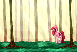Size: 500x341 | Tagged: safe, artist:amiicommissions, oc, oc only, oc:dreamie, bat pony, pony, clothes, crepuscular rays, female, forest, mare, nature, pixel art, socks, solo, striped socks, tree