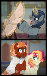 Size: 4927x7890 | Tagged: safe, artist:faitheverlasting, oc, oc only, oc:faith everlasting, oc:golden flare, oc:haywire, android, pegasus, pony, robot, robot pony, unicorn, artificial wings, bandage, broken bone, broken wing, cast, colored hooves, colored wings, comic, embarrassed, feathered fetlocks, female, freckles, hiding behind wing, horn, injured, magic, male, mare, pegasus oc, ponified, prosthetic limb, prosthetic wing, prosthetics, sitting, sling, species swap, stallion, unshorn fetlocks, wings, worried
