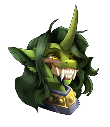 Size: 1410x1614 | Tagged: safe, artist:taiga-blackfield, oc, oc only, oc:poison kiss, unicorn, fanfic:iron hearts, armor, blushing, bust, crossover, cultist, drool, fangs, female, horn, nurgle, portrait, sharp teeth, simple background, smiling, solo, teeth, transparent background, unicorn oc, warhammer (game), warhammer 40k