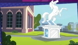 Size: 1078x625 | Tagged: safe, equestria girls, equestria girls (app), g4, canterlot high, game screencap, horse statue, official app, portal, wondercolt statue