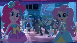 Size: 648x369 | Tagged: safe, captain planet, fluttershy, pinkie pie, tennis match, human, equestria girls, equestria girls (app), g4, bare shoulders, beckoning, dancing, duo focus, fall formal, fall formal outfits, female, game screencap, looking at you, male, official app, party, sleeveless, slender, small hat, spotlight, strapless, thin, wristband