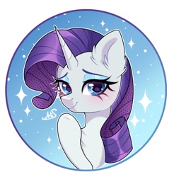 Size: 1109x1125 | Tagged: safe, artist:arllistar, rarity, pony, unicorn, g4, blushing, bust, circle background, cute, ear fluff, eyeshadow, female, gradient background, horn, looking at you, makeup, mare, raribetes, smiling, smiling at you, solo, sparkles