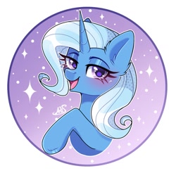Size: 1139x1122 | Tagged: safe, artist:arllistar, trixie, pony, unicorn, g4, bust, circle background, cute, diatrixes, ear fluff, female, gradient background, horn, looking at you, mare, open mouth, open smile, smiling, solo