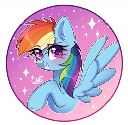 Size: 1354x1321 | Tagged: safe, artist:arllistar, rainbow dash, pegasus, pony, g4, bust, circle background, ear fluff, female, grin, looking at you, mare, smiling, solo, spread wings, wings