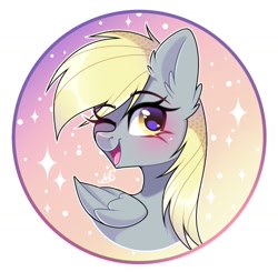 Size: 1347x1318 | Tagged: safe, artist:arllistar, derpy hooves, pegasus, pony, g4, bust, circle background, ear fluff, female, looking at you, mare, one eye closed, open mouth, solo, wink, winking at you