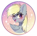 Size: 1347x1318 | Tagged: safe, artist:arllistar, derpy hooves, pegasus, pony, g4, bust, circle background, cute, derpabetes, ear fluff, female, gradient background, looking at you, mare, one eye closed, open mouth, solo, wink, winking at you