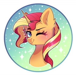 Size: 1108x1094 | Tagged: safe, artist:arllistar, sunset shimmer, pony, unicorn, g4, bust, circle background, ear fluff, female, gradient background, horn, looking at you, mare, one eye closed, solo, wink, winking at you