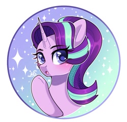 Size: 1163x1117 | Tagged: safe, artist:arllistar, starlight glimmer, pony, unicorn, g4, :o, bust, circle background, ear fluff, female, gradient background, horn, looking at you, mare, open mouth, solo