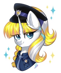Size: 1169x1387 | Tagged: safe, artist:arllistar, oc, oc only, pony, unicorn, bust, clothes, ear fluff, ear piercing, earring, female, horn, jewelry, looking at you, mare, piercing, police badge, police hat, police uniform, portrait, simple background, solo, white background