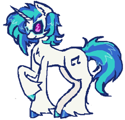 Size: 414x399 | Tagged: safe, artist:junniepiepoopop, dj pon-3, vinyl scratch, pony, unicorn, g4, alternate design, chest fluff, colored hooves, concave belly, ear fluff, female, hooves, horn, long mane, long tail, mare, multicolored hooves, raised hoof, shiny hooves, shiny mane, shiny tail, simple background, smiling, solo, standing, tail, thin, thin legs, two toned mane, two toned tail, unicorn horn, unshorn fetlocks, vinyl's glasses, white background, white coat