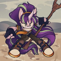 Size: 1000x1000 | Tagged: safe, artist:disaterror, starlight glimmer, mobian, anthro, g4, boots, clothes, coat markings, colored pinnae, converse, curved horn, desaturated, detailed background, evil smile, evil starlight, facial markings, female, fingerless gloves, gloves, grin, holding, horn, long mane, long tail, mealy mouth (coat marking), narrowed eyes, no catchlights, outdoors, pink fur, ponytail, purple eyes, s5 starlight, shoes, shrunken pupils, smiling, solo, sonic the hedgehog (series), sonicified, staff, staff of sameness, standing, star (coat marking), tail, tall ears, teeth, tied hair, two toned hair, two toned tail, watermark