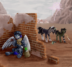 Size: 960x903 | Tagged: safe, artist:lexsin, oc, oc only, pegasus, pony, unicorn, fallout equestria, blood, brick wall, camouflage, canterlot, gun, hiding, horn, pipbuck, ponyville, trio, weapon