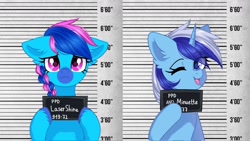 Size: 1280x721 | Tagged: safe, artist:arllistar, minuette, oc, oc:laser shine, pegasus, pony, unicorn, barbie mugshot meme, braid, braided ponytail, commission, facial markings, female, horn, looking at you, mare, mealy mouth (coat marking), meme, mugshot, one eye closed, ponytail, wink, winking at you, ych result