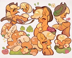 Size: 5200x4200 | Tagged: safe, artist:yanyannonoz, applejack, pear butter, earth pony, pony, g4, :t, ><, apple, applejack's hat, bag, big ears, big eyes, blonde mane, blonde tail, blush scribble, blushing, bush, butt, chibi, colored eyelashes, cowboy hat, cream coat, cute, duo, duo female, emanata, eyes closed, female, filly, filly applejack, flower, flower in hair, foal, food, freckles, green eyes, hat, hoof out, jackabetes, lasso, leaves, leaves in hair, lidded eyes, looking at you, lying down, mare, mouth hold, one eye closed, open mouth, open smile, orange coat, orange mane, orange tail, pearabetes, plot, ponytail, profile, prone, raised hoof, raised hooves, rear view, rope, saddle bag, shiny mane, shiny tail, simple background, sitting, smiling, smiling at you, tail, tied mane, tied tail, two toned mane, two toned tail, wall of tags, white background, wingding eyes, wink, winking at you, younger