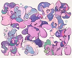 Size: 5200x4200 | Tagged: safe, artist:yanyannonoz, rarity, spike, starlight glimmer, trixie, twilight sparkle, alicorn, dragon, pony, unicorn, g4, absurd resolution, big ears, big eyes, blue coat, blue eyes, blue mane, blue tail, blush scribble, blushing, chibi, colored eyebrows, cuddling, duality, ear blush, emanata, eyes closed, female, floating heart, floppy ears, frown, glasses, glomp, gradient legs, gray background, group, heart, holding pillow, hoof hold, horn, leaves in mane, lesbian, letter, looking at each other, looking at someone, male, mare, messy mane, multicolored mane, multicolored tail, narrowed eyes, one eye closed, open mouth, open smile, partially open wings, pillow, pink coat, purple coat, purple eyes, purple mane, purple tail, quintet, raised hoof, rearing, scroll, shiny mane, shiny tail, ship:startrix, shipping, simple background, smiling, smiling at each other, standing, sweat, sweatdrop, tail, thick eyelashes, triality, twilight sparkle (alicorn), two toned mane, two toned tail, underhoof, unicorn horn, unicorn twilight, unshorn fetlocks, wall of tags, white coat, wingding eyes, wings