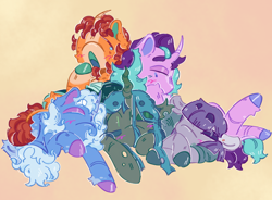 Size: 1822x1339 | Tagged: safe, artist:tottallytoby, maud pie, queen chrysalis, starlight glimmer, sunburst, trixie, changeling, changeling queen, earth pony, pony, unicorn, g4, a better ending for chrysalis, alternate design, alternate hairstyle, alternate tailstyle, alternate universe, beanbrows, blaze (coat marking), blue coat, blue mane, blue tail, blush scribble, blushing, butt fluff, clothes, coat markings, colored eartips, colored eyebrows, colored hooves, colored horn, colored mouth, colored muzzle, colored pinnae, curled up, curly mane, curved horn, dot eyes, dress, ear fluff, ear freckles, ear piercing, earring, eye clipping through hair, eyebrows, eyebrows visible through hair, eyes closed, eyeshadow, facial markings, female, fetlock tuft, floppy ears, freckles, gradient background, gray coat, green eyes, group, horn, jewelry, leg fluff, leonine tail, looking down, lying down, makeup, male, mare, mealy mouth (coat marking), missing accessory, one eye open, open mouth, orange coat, piercing, pink coat, prone, purple eyes, purple mane, quintet, raised hoof, shiny hooves, short mane, sitting, sleep pile, sleeping, sleeping together, socks (coat markings), splotches, stallion, straight mane, tail, thick eyebrows, tunic, two toned mane, unicorn horn, wall of tags, yawn