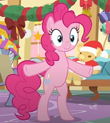 Size: 499x556 | Tagged: safe, screencap, limestone pie, pinkie pie, earth pony, pony, g4, my little pony best gift ever, belly, bipedal, cropped, female, mare, solo, sugarcube corner