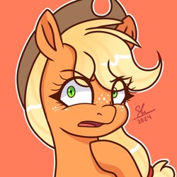 Size: 1280x1280 | Tagged: safe, artist:galaxy swirl, applejack, earth pony, pony, g4, applejack's hat, bust, cowboy hat, d:, eye clipping through hair, eyebrows, eyebrows visible through hair, female, flowing mane, freckles, green eyes, hat, looking at you, mare, offended, open mouth, orange background, orange coat, orange mane, ponytail, reaction image, shrunken pupils, signature, simple background, solo