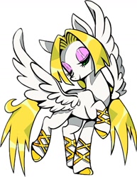 Size: 997x1290 | Tagged: safe, artist:stacy_165cut, oc, oc only, oc:golden apple, pegasus, pony, blonde mane, blonde tail, bracelet, colored hooves, countershading, eyelashes, eyeshadow, female, gold hooves, gold jewelry, green eyes, hooves, jewelry, lidded eyes, long mane, long tail, makeup, mare, pegasus oc, prancing, raised hoof, raised leg, shiny hooves, shiny mane, shiny tail, simple background, smiling, solo, spread wings, standing, tail, white background, wing fluff, wings, yellow mane, yellow tail