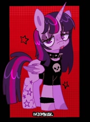 Size: 661x894 | Tagged: safe, artist:inzomniak, twilight sparkle, alicorn, g4, alternate cutie mark, alternate hairstyle, alternate tailstyle, black sclera, black shirt, bracelet, choker, colored wings, goth, horn, jewelry, long mane, looking at you, purple coat, purple eyes, red background, simple background, stars, tail, title card, tongue out, twilight sparkle (alicorn), two toned mane, two toned tail, two toned wings, wings