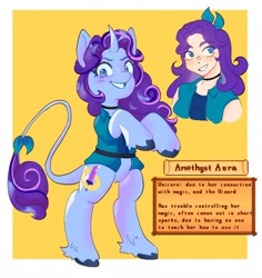 Size: 1902x2011 | Tagged: safe, artist:aloe_soda, human, pony, unicorn, abigail (stardew valley), choker, clothes, female, horn, leonine tail, looking at you, ponified, rearing, smiling, smiling at you, stardew valley, tail, text, vest