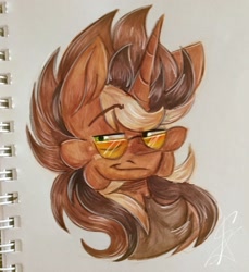Size: 1080x1180 | Tagged: safe, artist:severe acrophobia, oc, oc only, oc:macchiato, unicorn, bust, glasses, horn, male, photo, portrait, smiling, solo, traditional art