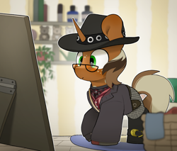 Size: 3420x2912 | Tagged: safe, artist:mochi_nation, oc, oc only, oc:macchiato, clothes, commission, costume, cowboy hat, hat, looking at mirror, male, solo, ych result, your character here
