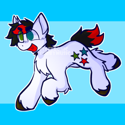 Size: 1600x1600 | Tagged: safe, artist:electronicfurbymusic, pony, unicorn, awsten knight, blue background, dyed mane, dyed tail, grin, happy, heterochromia, horn, leaping, open mouth, ponified, simple background, smiling, solo, tail, two toned mane, two toned tail, unshorn fetlocks, waterparks