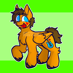 Size: 652x652 | Tagged: safe, artist:electronicfurbymusic, pegasus, pony, blue eyes, brown mane, brown tail, folded wings, geoff wigington, green background, grin, happy, open mouth, orange coat, ponified, raised hoof, simple background, smiling, solo, tail, unshorn fetlocks, waterparks, wings