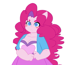 Size: 693x611 | Tagged: safe, artist:channydraws, pinkie pie, earth pony, anthro, blush sticker, blushing, breasts, busty pinkie pie, cleavage, clothes, colored pupils, equestria girls outfit, female, looking at you, mare, simple background, solo, white background