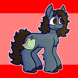 Size: 652x652 | Tagged: safe, artist:electronicfurbymusic, earth pony, pony, blue coat, brown eyes, brown mane, brown tail, closed mouth, covered cutie mark, happy, otto wood, paper, ponified, red background, smiling, solo, standing, tail, unshorn fetlocks, waterparks, wavy mane, wavy tail, wings