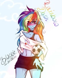 Size: 935x1169 | Tagged: safe, artist:black__dash_, rainbow dash, human, equestria girls, g4, belly, belly button, blushing, bra, bra strap, breasts, choker, cleavage, clothes, collarbone, concave belly, cutie mark on clothes, date (time), ear piercing, earring, eye clipping through hair, eyebrows, eyebrows visible through hair, female, football, jewelry, looking at you, midriff, name, piercing, shorts, signature, skinny, smiling, smiling at you, solo, sports, thin, underwear, wristband