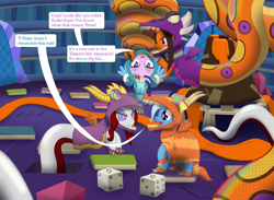 Size: 3000x2200 | Tagged: safe, artist:mightyshockwave, starlight glimmer, trixie, oc, oc:lumo, oc:ruby scales, lamia, original species, pony, unicorn, g4, board game, book, clothes, coils, costume, dice, dragon pit, high res, horn, hypno eyes, mind control, slit pupils, snake eyes, speech bubble, twilight's castle