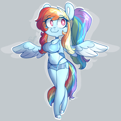 Size: 1080x1080 | Tagged: safe, artist:gummygoatgalaxy, rainbow dash, pegasus, anthro, unguligrade anthro, g4, alternate hairstyle, arm behind back, belly button, big breasts, breasts, busty rainbow dash, choker, clothes, eyebrows, eyebrows visible through hair, female, gray background, hot pants, mare, midriff, outline, panties, ponytail, signature, simple background, smiling, solo, spread wings, thong, underwear, white pupils, wings