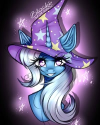Size: 1005x1256 | Tagged: safe, artist:black__dash_, trixie, pony, unicorn, g4, bust, clothes, date (time), eye clipping through hair, female, hat, horn, looking at you, mare, signature, smiling, smiling at you, solo, stars, trixie's hat