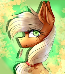 Size: 1080x1233 | Tagged: safe, artist:black__dash_, applejack, earth pony, pony, g4, bust, date (time), eye clipping through hair, eyebrows, eyebrows visible through hair, female, green background, looking at you, mare, signature, simple background, smiling, smiling at you, solo, straw in mouth