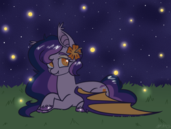 Size: 1200x900 | Tagged: safe, artist:missmagicalgirl, oc, oc only, oc:midnight mango, bat pony, firefly (insect), insect, pony, bat pony oc, colored hooves, commission, female, flower, flower in hair, grass, grass field, lying down, night, solo, unshorn fetlocks, your character here