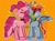 Size: 1552x1136 | Tagged: safe, artist:inzomniak, part of a set, pinkie pie, rainbow dash, earth pony, pegasus, pony, g4, choker, curly mane, curly tail, ear piercing, eyes closed, female, goth, happy, looking at each other, looking at someone, mare, multicolored mane, multicolored tail, orange background, piercing, purple eyes, signature, simple background, smiling, smiling at each other, spanish description, spread wings, tail, unshorn fetlocks, wings