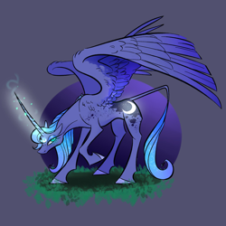 Size: 2000x2000 | Tagged: safe, artist:lafysaphy, princess luna, alicorn, pony, g4, abstract background, circle background, concave belly, ethereal mane, ethereal tail, female, glowing, glowing cutie mark, glowing horn, grass, high res, horn, large wings, leonine tail, long horn, magic, mare, partially open wings, s1 luna, slender, solo, tail, thin, wings
