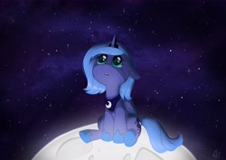 Size: 7015x4960 | Tagged: safe, artist:azilluwu, princess luna, alicorn, pony, g4, absurd resolution, adorable distress, crying, cute, female, filly, filly luna, floppy ears, foal, looking up, moon, sitting, solo, tangible heavenly object, woona, younger