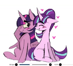Size: 1313x1188 | Tagged: safe, artist:billtism, starlight glimmer, twilight sparkle, alicorn, pony, unicorn, g4, blushing, duo, eyebrows, eyebrows visible through hair, female, heart, heart eyes, horn, lesbian, mare, ponytail, ship:twistarlight, shipping, simple background, sitting, twilight sparkle (alicorn), white background, wingding eyes