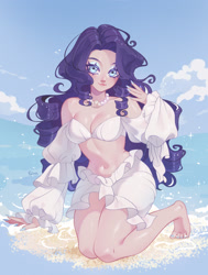 Size: 1671x2205 | Tagged: safe, artist:frogggg, rarity, human, beach, female, humanized, kneeling, solo