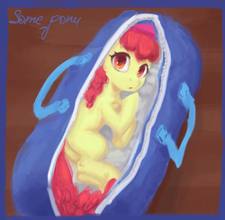 Size: 3064x3000 | Tagged: safe, artist:some_ponu, apple bloom, earth pony, pony, g4, adorabloom, bag, blank flank, cute, duffle bag, female, filly, foal, looking at you, pony in a bag, signature, solo